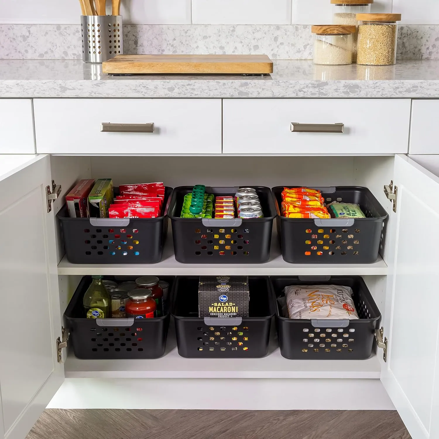 IRIS USA Plastic Storage Basket, 6-Pack, Medium, Shelf Basket Storage Organizer for Pantry, Cabinet, Bedroom, Closet, Laundry Room, Black