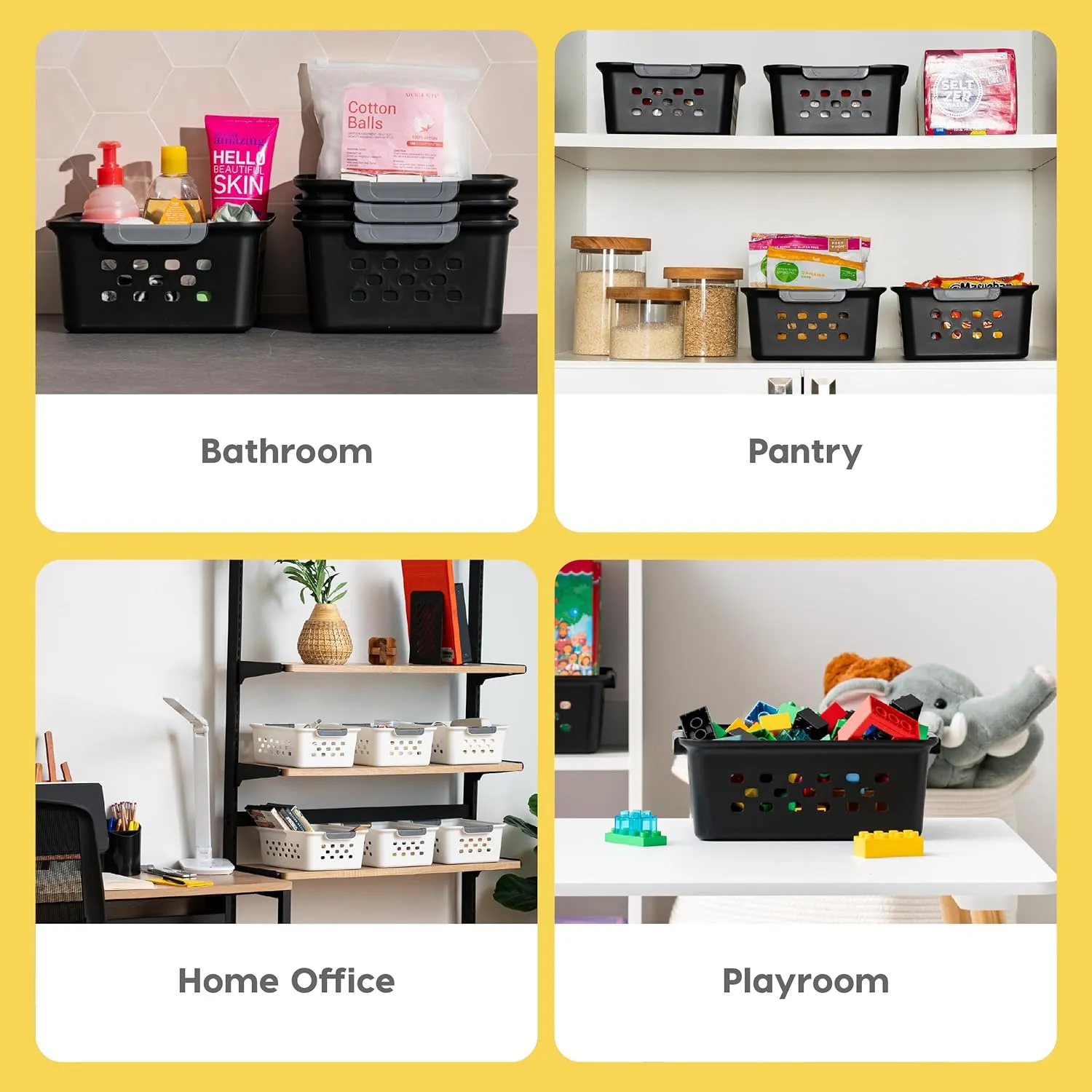 IRIS USA Plastic Storage Basket, 6-Pack, Medium, Shelf Basket Storage Organizer for Pantry, Cabinet, Bedroom, Closet, Laundry Room, Black
