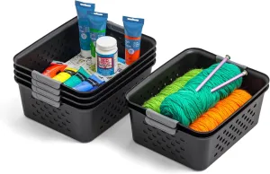 IRIS USA Plastic Storage Basket, 6-Pack, Medium, Shelf Basket Storage Organizer for Pantry, Cabinet, Bedroom, Closet, Laundry Room, Black