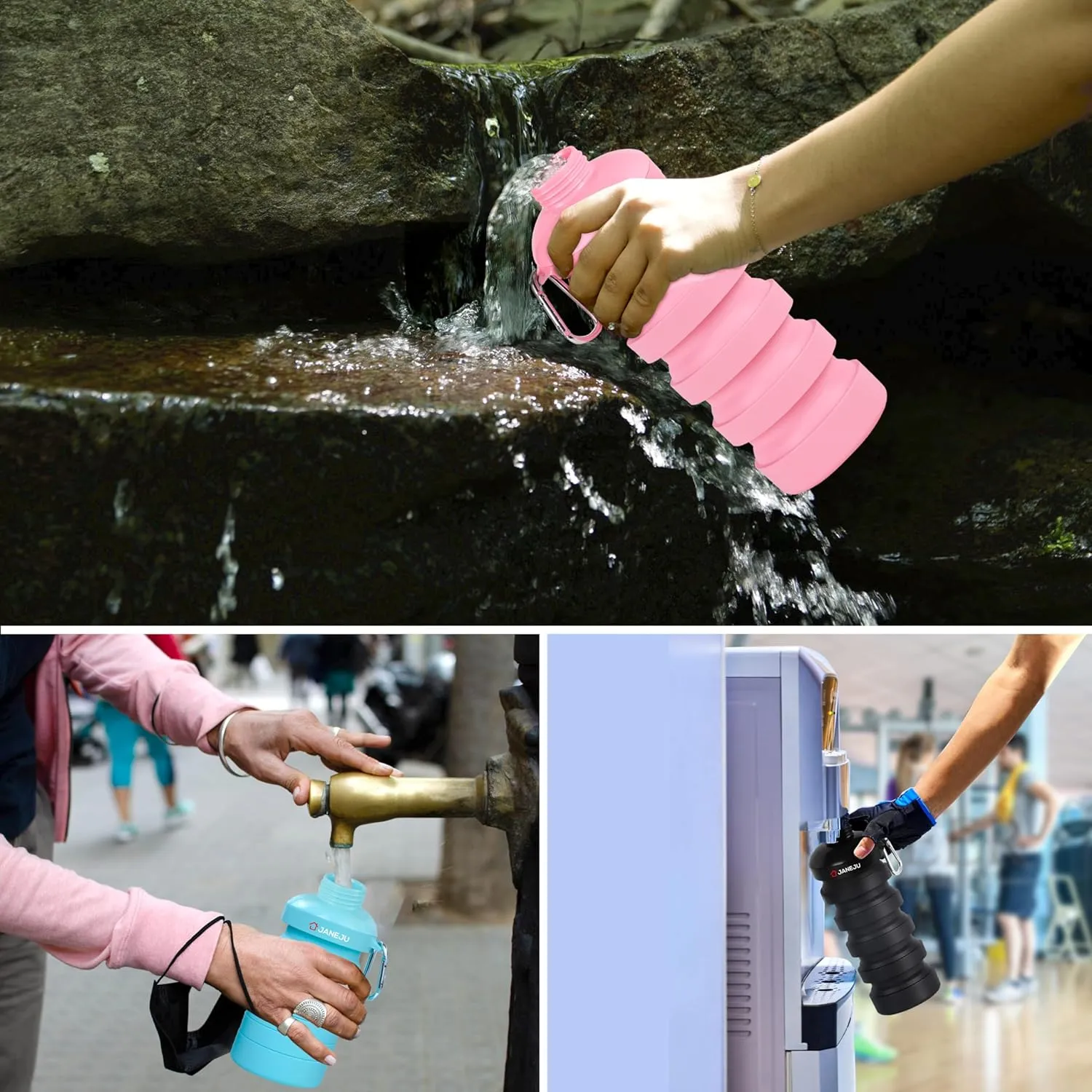 JaneJu Collapsible Water Bottle, 32oz BPA Free Silicone Reusable Portable Lightweight Foldable Water Bottles with Carabiner, Leak Proof Sports Water Bottle with Stainless Twist Cap (Green)