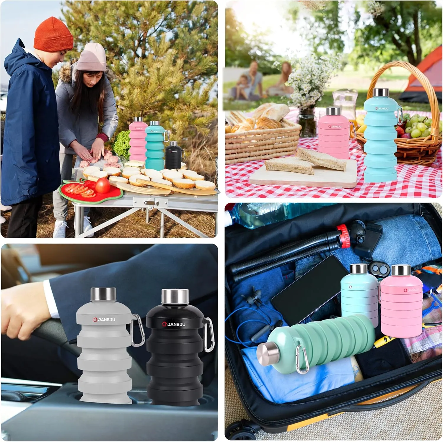 JaneJu Collapsible Water Bottle, 32oz BPA Free Silicone Reusable Portable Lightweight Foldable Water Bottles with Carabiner, Leak Proof Sports Water Bottle with Stainless Twist Cap (Green)