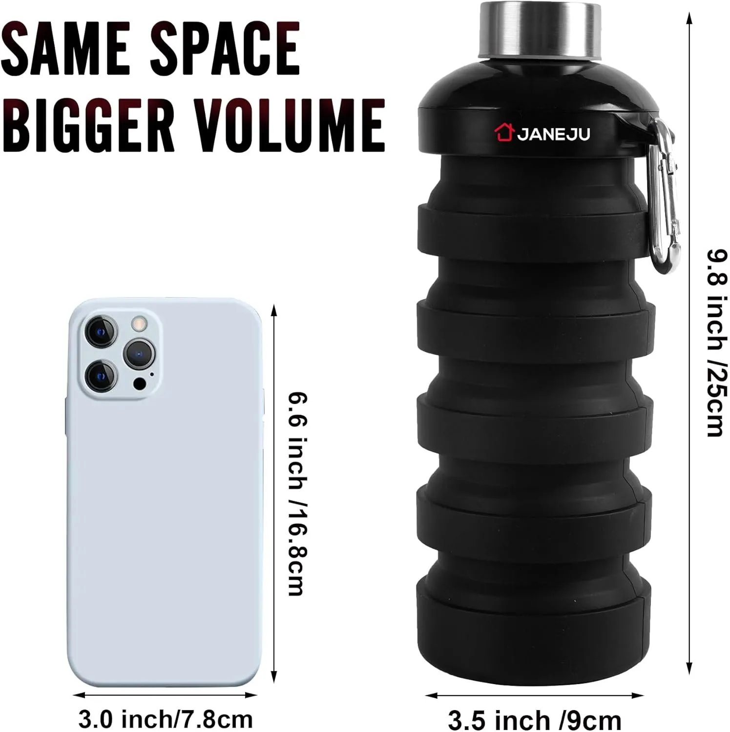 JaneJu Collapsible Water Bottle, 32oz BPA Free Silicone Reusable Portable Lightweight Foldable Water Bottles with Carabiner, Leak Proof Sports Water Bottle with Stainless Twist Cap (Green)