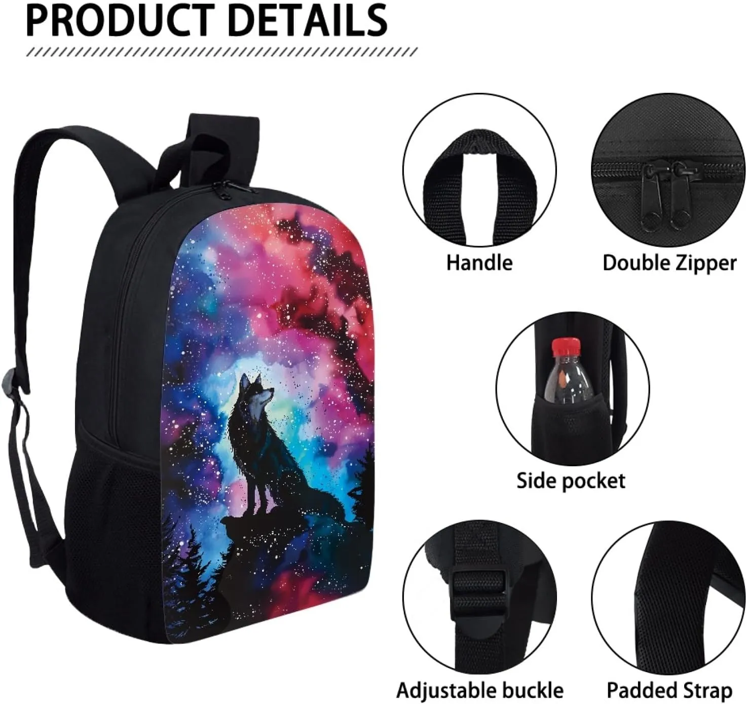 JooMeryer Boy Girl Cool Wolf Print Backpack 17" Casual Travel Bag Knapsack School Bag Shoulder Bags for Kids Teens Child,Galaxy Alone Wolf