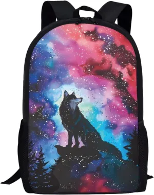 JooMeryer Boy Girl Cool Wolf Print Backpack 17" Casual Travel Bag Knapsack School Bag Shoulder Bags for Kids Teens Child,Galaxy Alone Wolf
