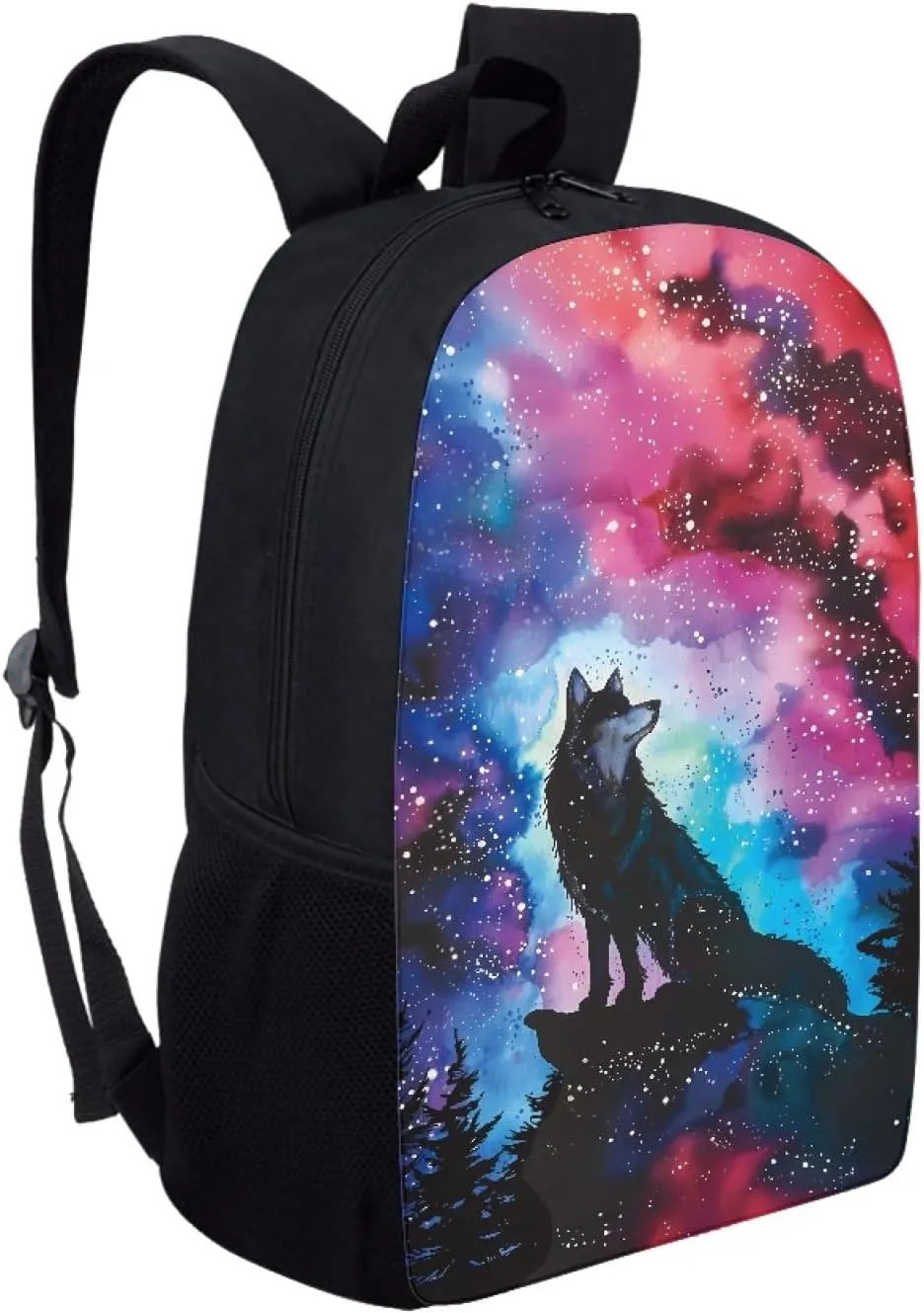 JooMeryer Boy Girl Cool Wolf Print Backpack 17" Casual Travel Bag Knapsack School Bag Shoulder Bags for Kids Teens Child,Galaxy Alone Wolf
