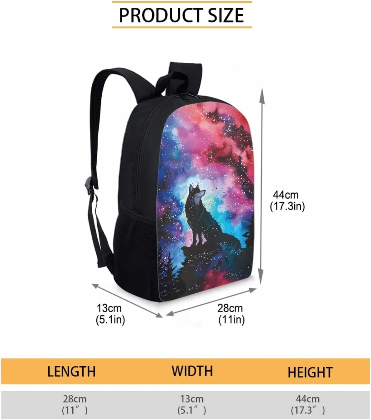 JooMeryer Boy Girl Cool Wolf Print Backpack 17" Casual Travel Bag Knapsack School Bag Shoulder Bags for Kids Teens Child,Galaxy Alone Wolf