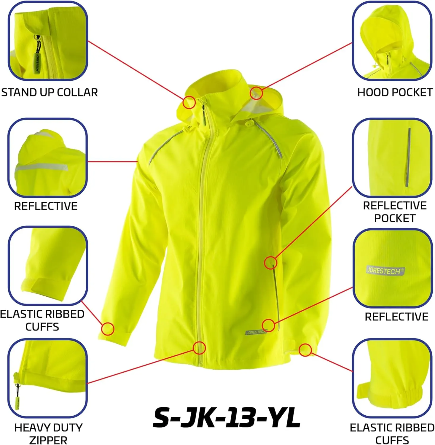 JORESTECH Waterproof Ripstop Rain Sport Jacket With Reflective Highlights And Heat Transfer Tap On The Back