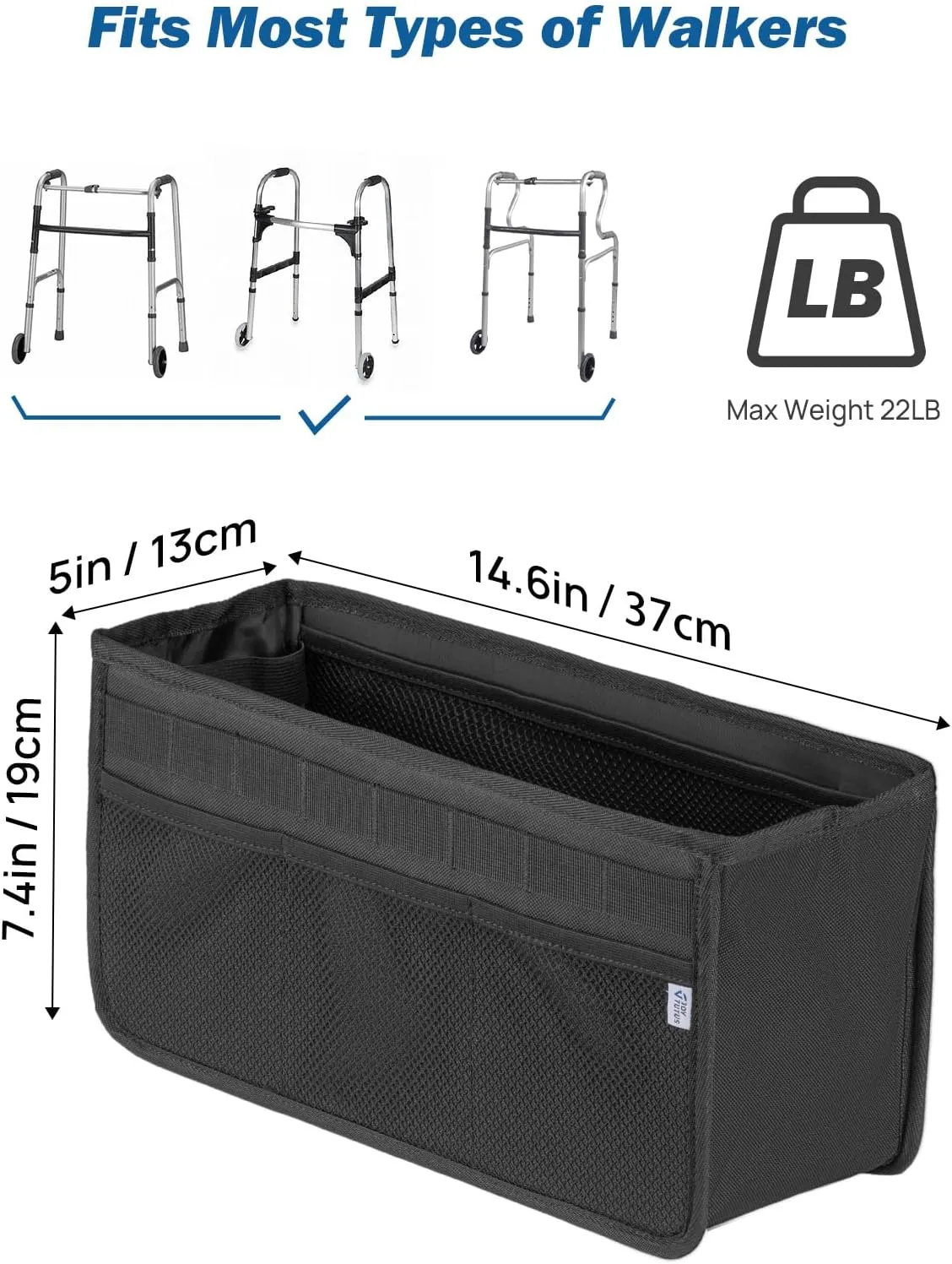 JOYTUTUS Walker Basket for Folding Walker, Basket for Walkers for Seniors, Rollator Walkers Storage Bag,Bag with Big Capacity & Never Tipping Over, Best Gift for Father Mother