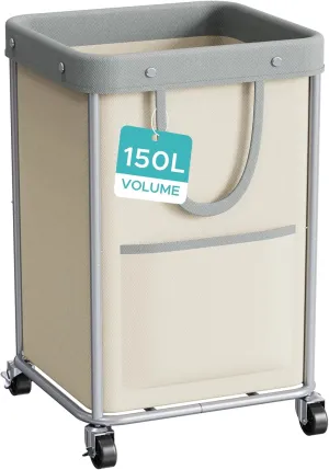 JYPS Laundry Basket With Wheels, 150L Large Rolling Hamper W/Metal Frame & Removable Bag, Waterproof Oxford Fabric, 2 Side Bags, Dirty Clothes Storage Cart For Laundry Room, Dorm, Bedroom, Bathroom