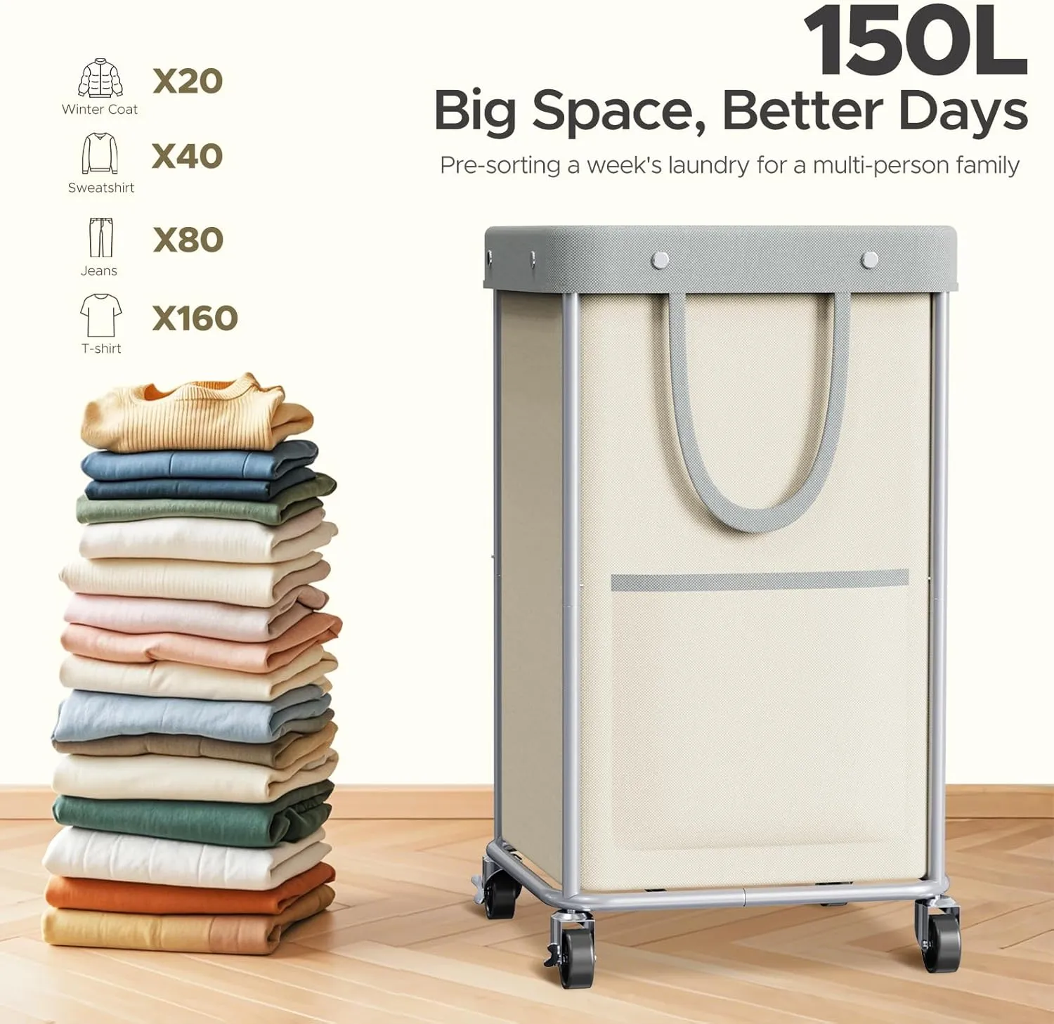 JYPS Laundry Basket With Wheels, 150L Large Rolling Hamper W/Metal Frame & Removable Bag, Waterproof Oxford Fabric, 2 Side Bags, Dirty Clothes Storage Cart For Laundry Room, Dorm, Bedroom, Bathroom