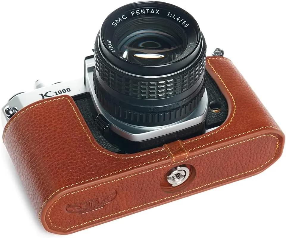 K1000 Case, BolinUS Handmade Genuine Real Leather Half Camera Case Bag Cover for Pentax Asahi K1000 Camera With Hand Strap (Brown)