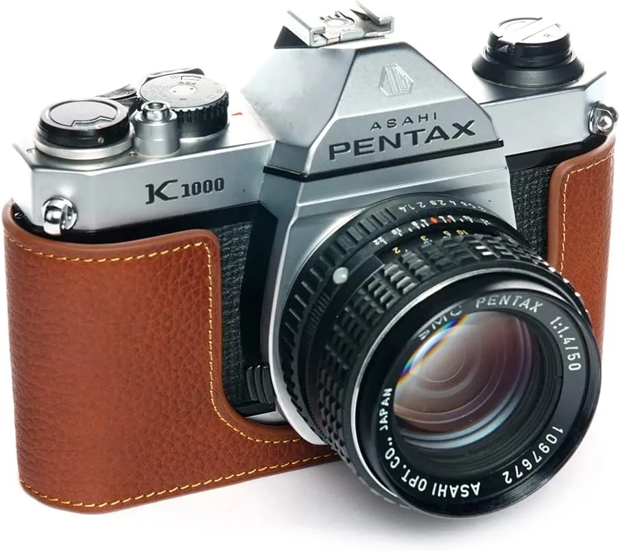 K1000 Case, BolinUS Handmade Genuine Real Leather Half Camera Case Bag Cover for Pentax Asahi K1000 Camera With Hand Strap (Brown)