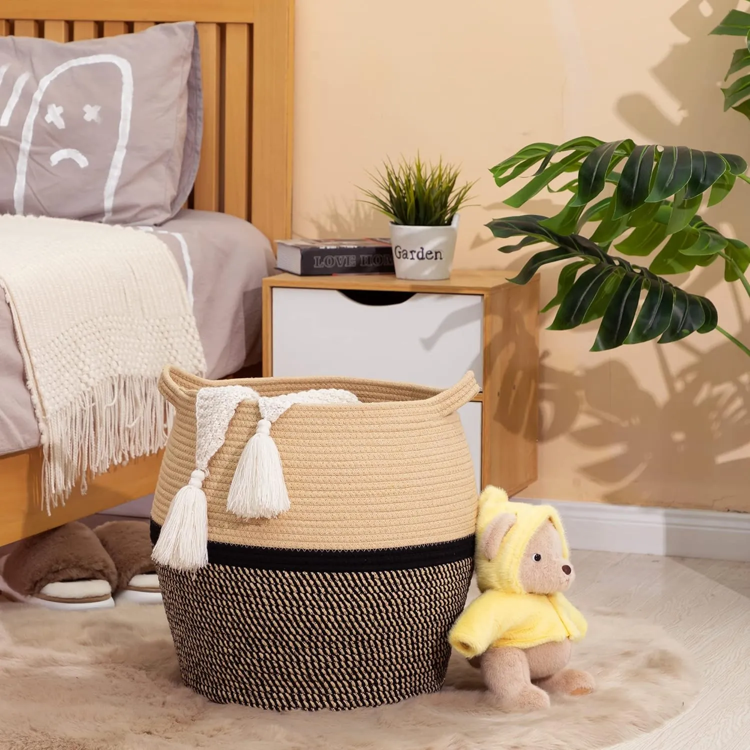 KAKAMAY Woven Baskets for Storage(17"x17"),Large Cotton Rope Woven Baby Laundry Hamper,Collapsible Laundry Basket, Blanket Basket for Organizing Living Room,Nursery,Clothes,Toy chest (Black)