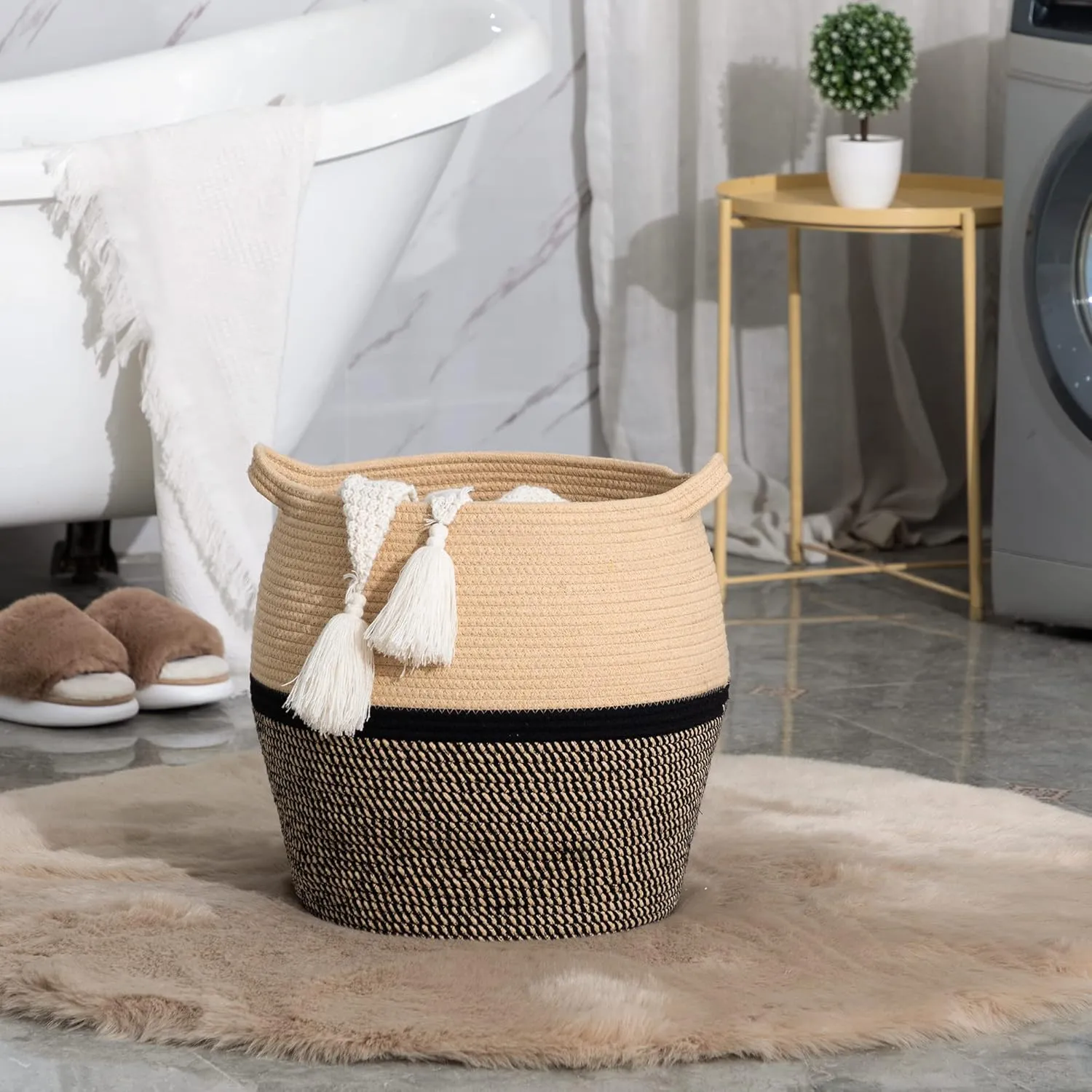 KAKAMAY Woven Baskets for Storage(17"x17"),Large Cotton Rope Woven Baby Laundry Hamper,Collapsible Laundry Basket, Blanket Basket for Organizing Living Room,Nursery,Clothes,Toy chest (Black)