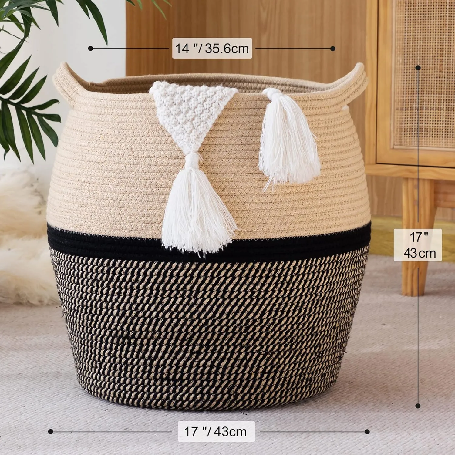KAKAMAY Woven Baskets for Storage(17"x17"),Large Cotton Rope Woven Baby Laundry Hamper,Collapsible Laundry Basket, Blanket Basket for Organizing Living Room,Nursery,Clothes,Toy chest (Black)