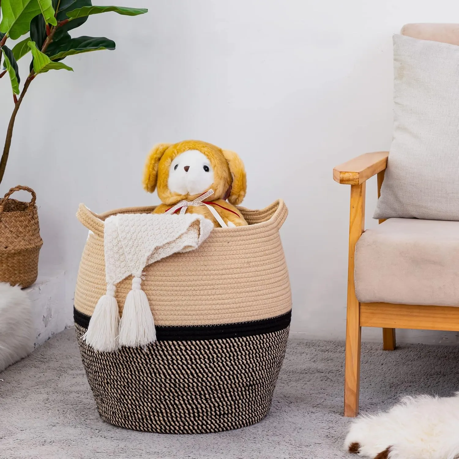 KAKAMAY Woven Baskets for Storage(17"x17"),Large Cotton Rope Woven Baby Laundry Hamper,Collapsible Laundry Basket, Blanket Basket for Organizing Living Room,Nursery,Clothes,Toy chest (Black)