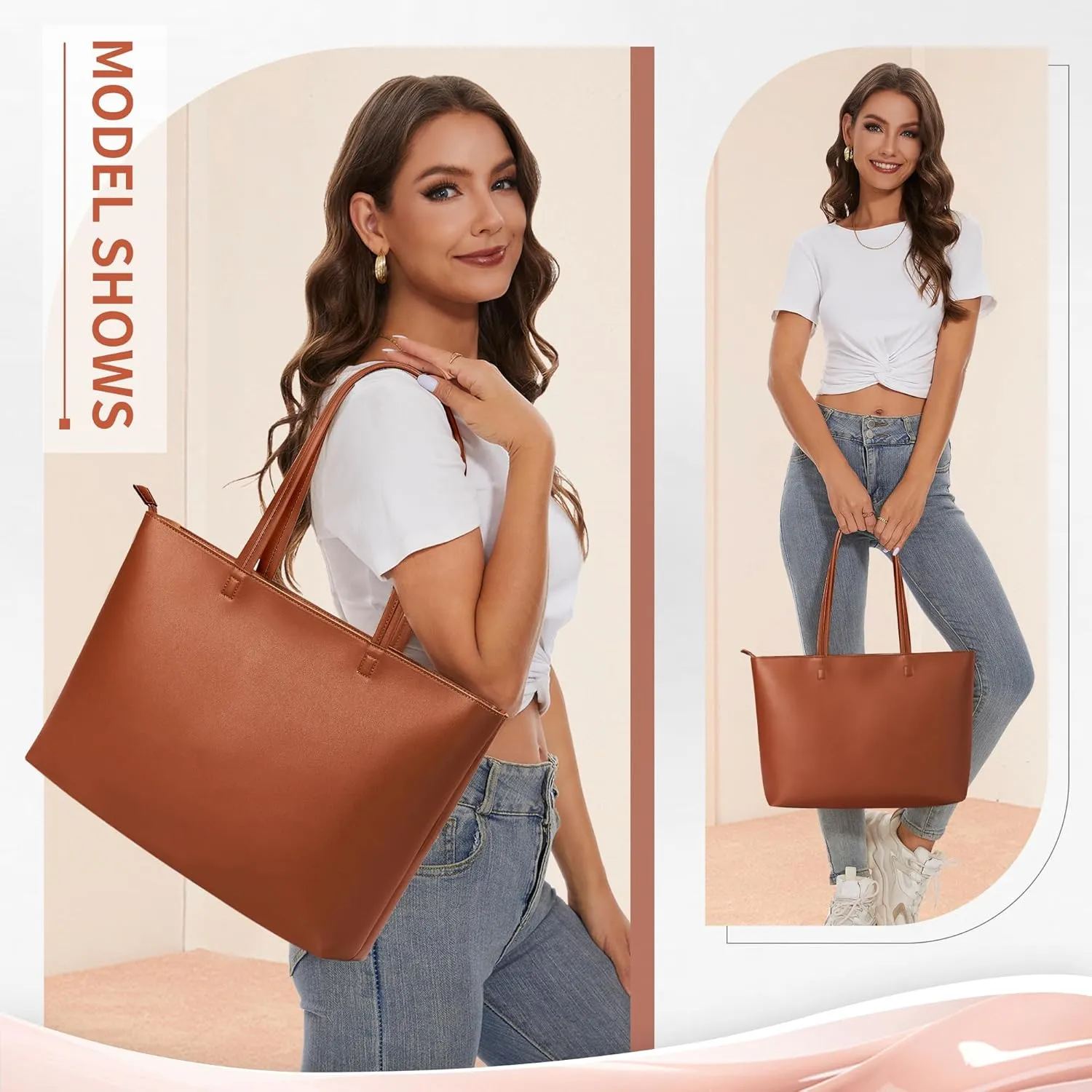 KALIDI Tote Bag Zipper Shoulder Bag Faux Leather Purses Satchel for Women Large Casual Handbag Work Dating College