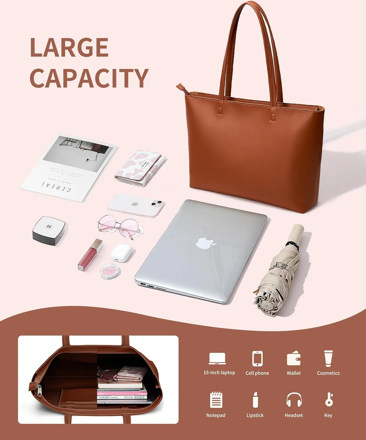 KALIDI Tote Bag Zipper Shoulder Bag Faux Leather Purses Satchel for Women Large Casual Handbag Work Dating College