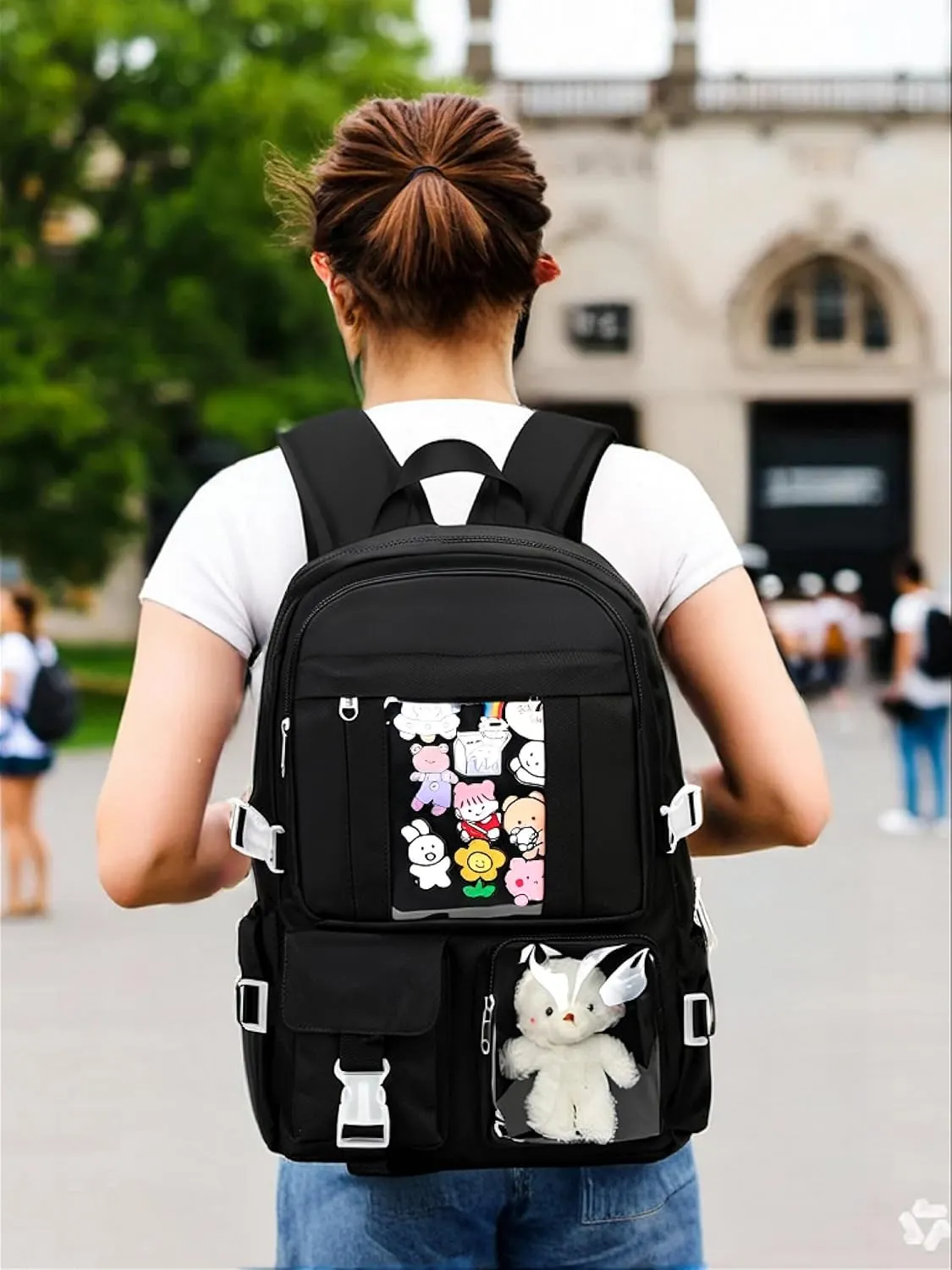 Kawaii Backpack for Teen Girls, Cute Aesthetic High Middle School College Bookbag with Accessories, Black