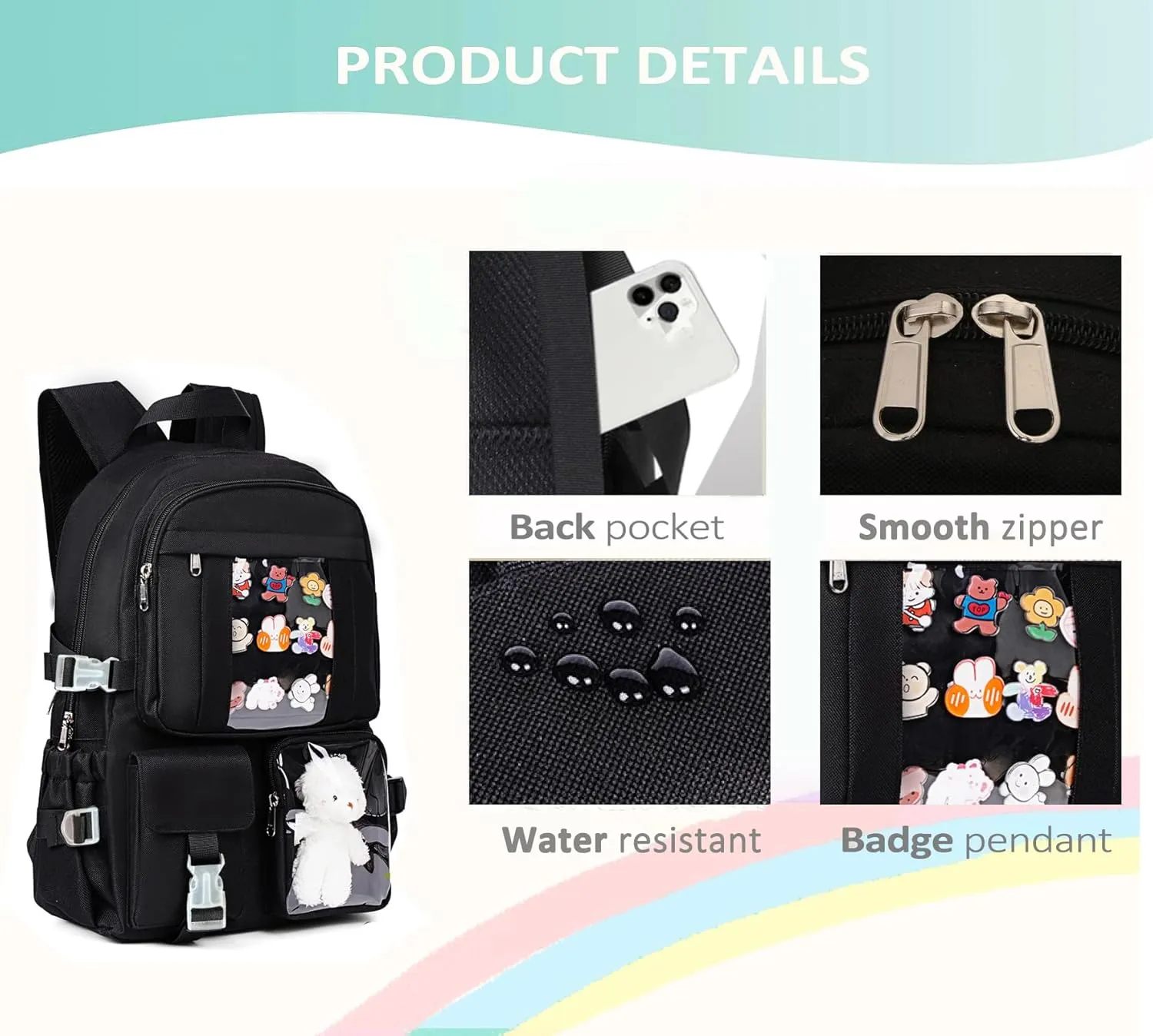 Kawaii Backpack for Teen Girls, Cute Aesthetic High Middle School College Bookbag with Accessories, Black