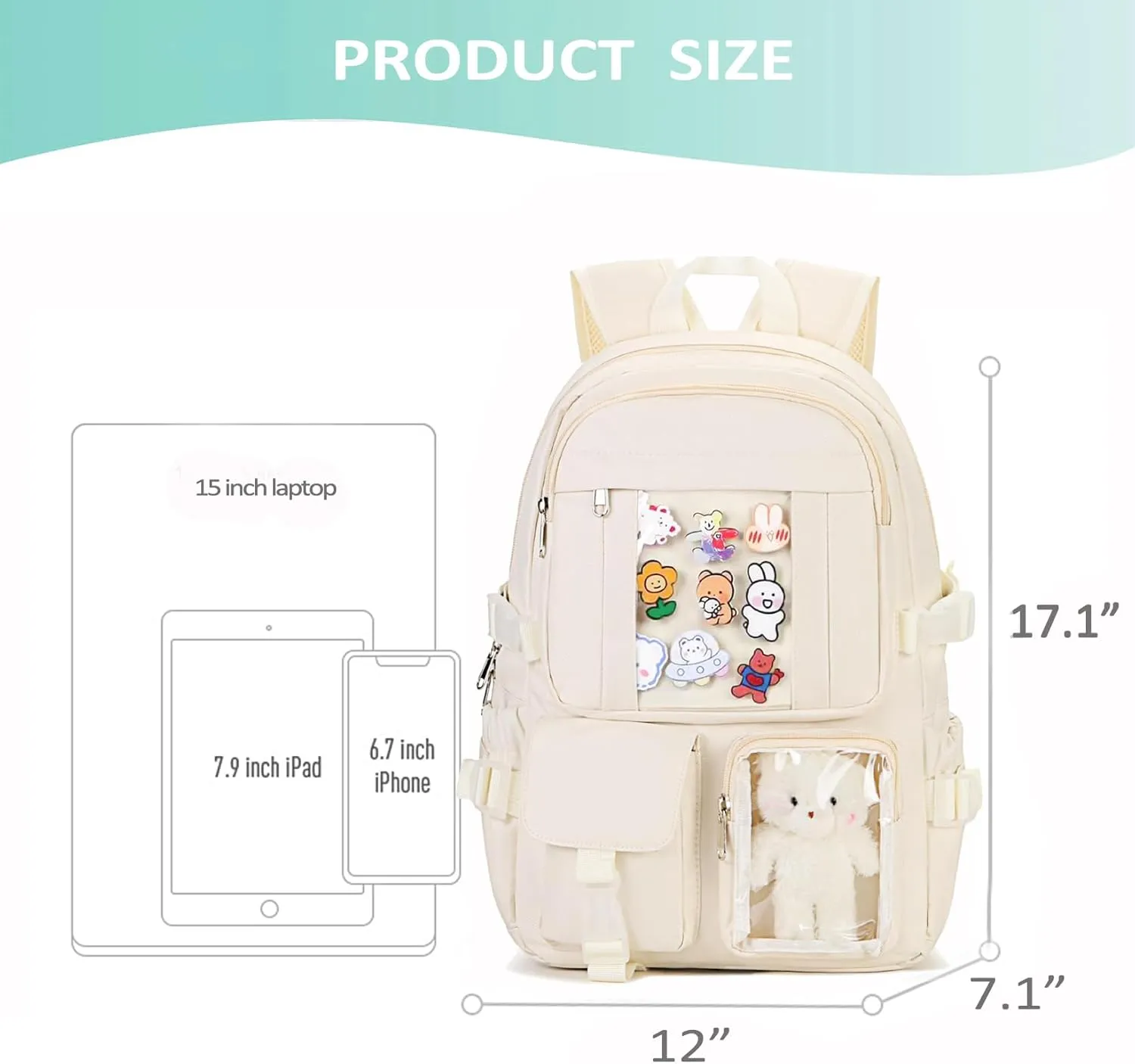 Kawaii Backpack for Teen Girls, Cute Aesthetic High Middle School College Bookbag with Accessories, Pink