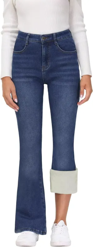 KDF Women's Flare High Waisted Bell Bottom Jeans - Thermal Fleece Lined Winter Warm Pants