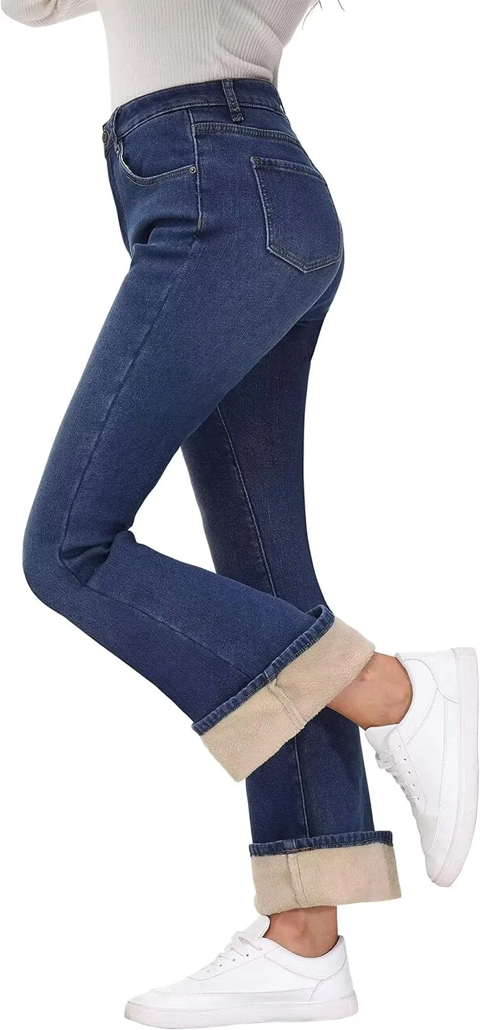 KDF Women's Flare High Waisted Bell Bottom Jeans - Thermal Fleece Lined Winter Warm Pants