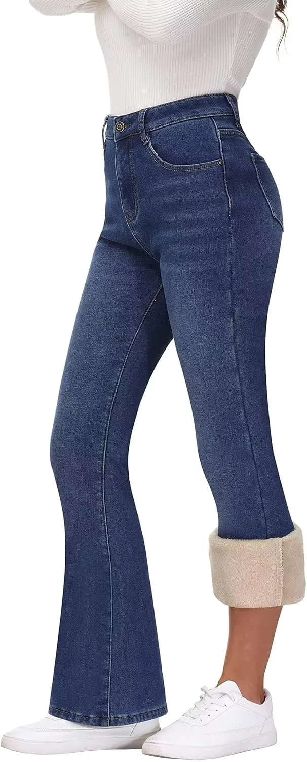 KDF Women's Flare High Waisted Bell Bottom Jeans - Thermal Fleece Lined Winter Warm Pants