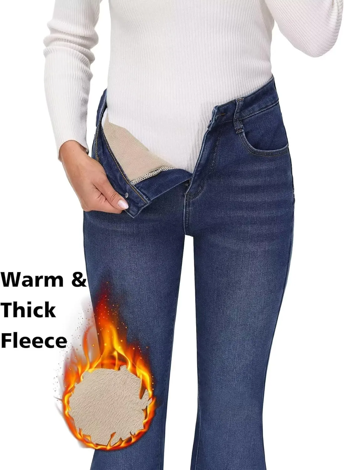 KDF Women's Flare High Waisted Bell Bottom Jeans - Thermal Fleece Lined Winter Warm Pants