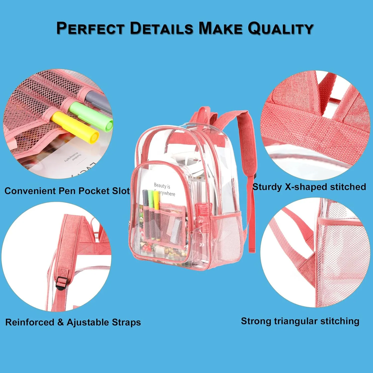 Keepcross Pink Clear Backpack for Girls Women,Heavy Duty PVC Transparent Clear Bookbag with Reinforced Straps for School Work