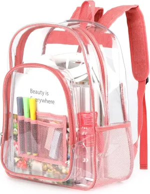 Keepcross Pink Clear Backpack for Girls Women,Heavy Duty PVC Transparent Clear Bookbag with Reinforced Straps for School Work
