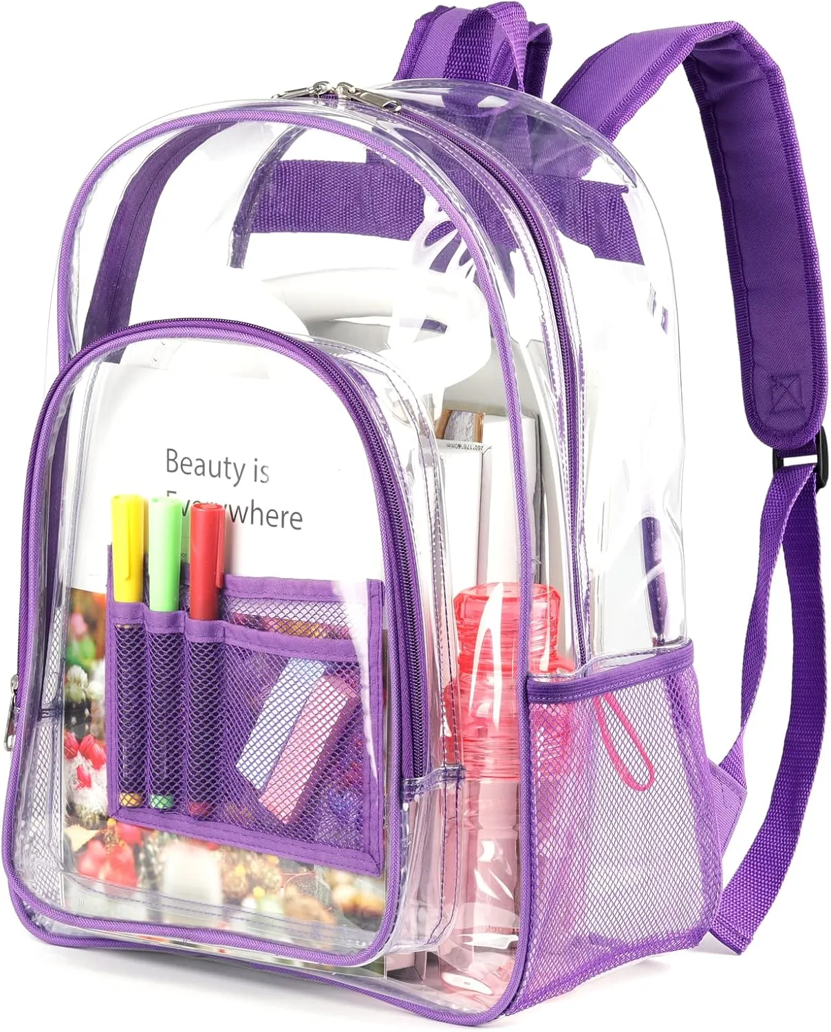 Keepcross Purple Clear Backpack for Girls Women,Heavy Duty PVC Transparent Bookbag with Reinforced Straps for School Work