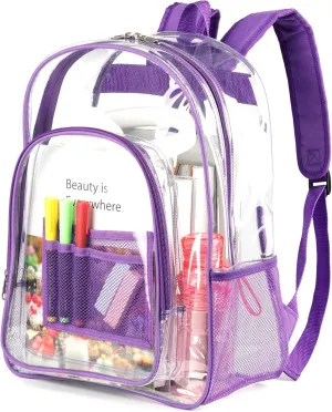 Keepcross Purple Clear Backpack for Girls Women,Heavy Duty PVC Transparent Bookbag with Reinforced Straps for School Work