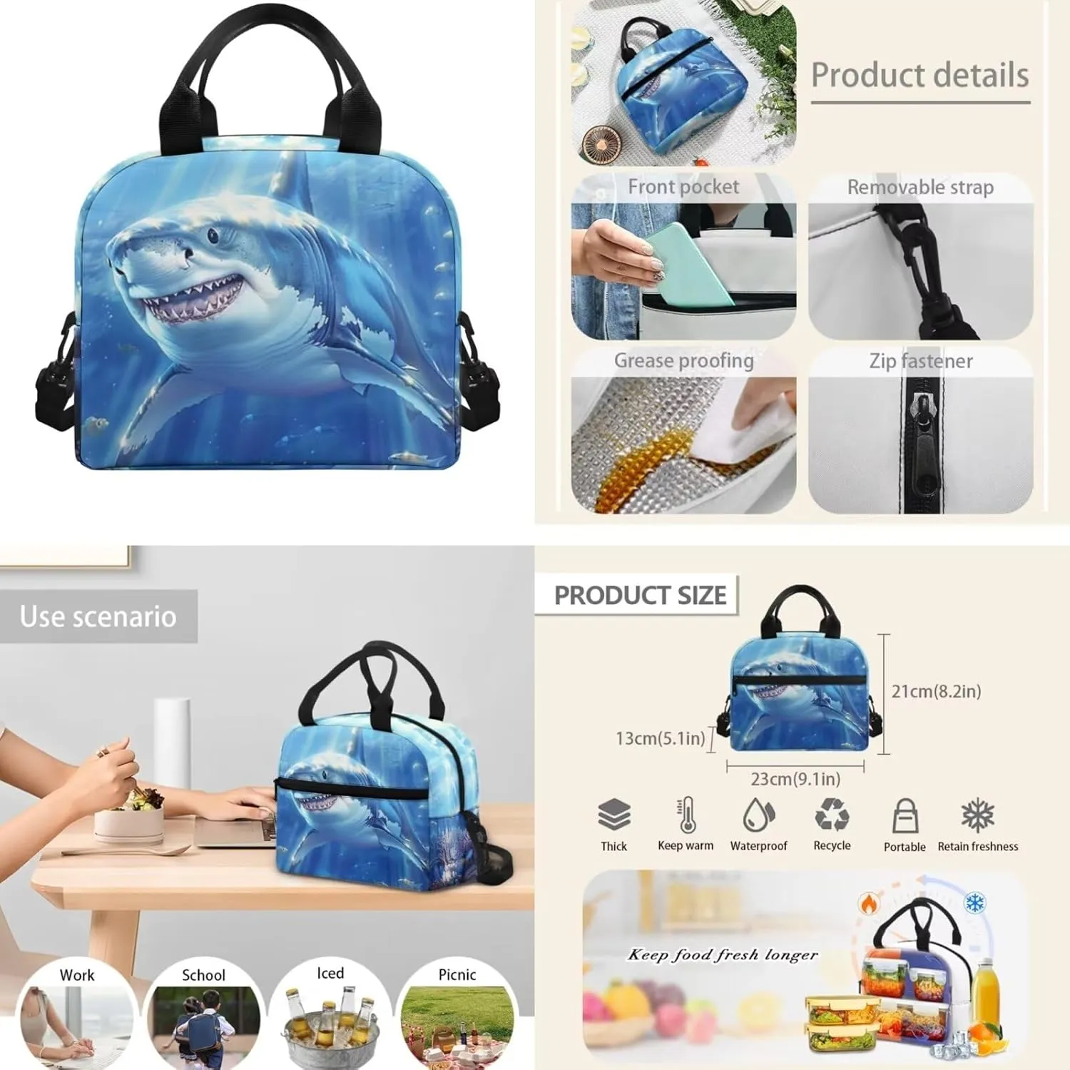 Kids Backpack with Lunch Box Shark Middle School Bookbags for 5th Grade Girls 10-12/8-10/12-14 Sea Ocean Book Bag for Teen Boys Lunch Bag Pencil Case Student Back Pack Lunchbox Set Schoolbag