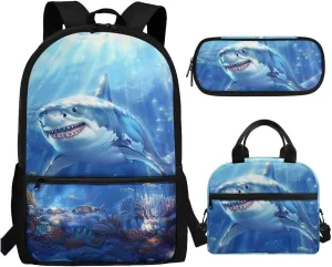 Kids Backpack with Lunch Box Shark Middle School Bookbags for 5th Grade Girls 10-12/8-10/12-14 Sea Ocean Book Bag for Teen Boys Lunch Bag Pencil Case Student Back Pack Lunchbox Set Schoolbag