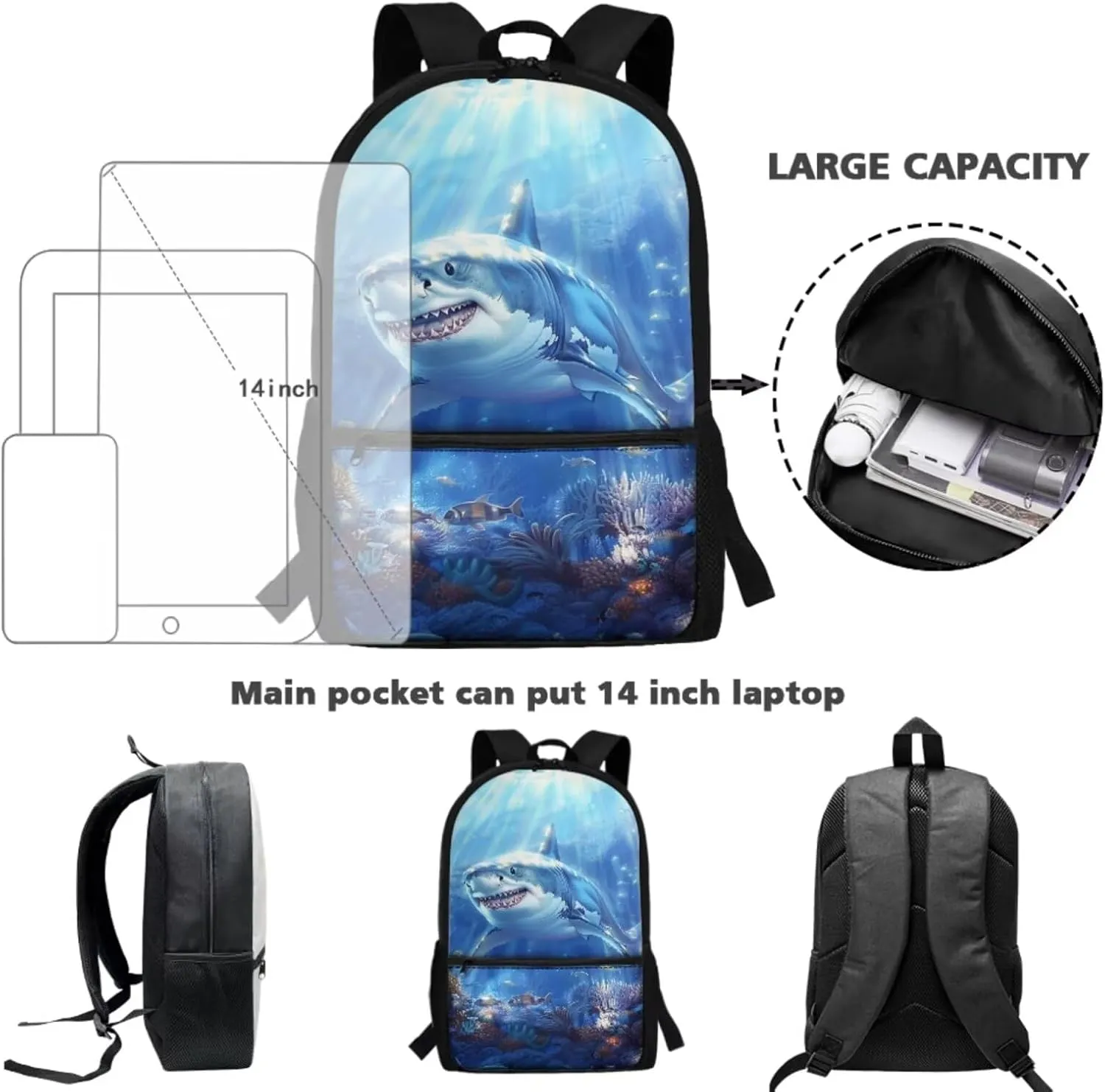 Kids Backpack with Lunch Box Shark Middle School Bookbags for 5th Grade Girls 10-12/8-10/12-14 Sea Ocean Book Bag for Teen Boys Lunch Bag Pencil Case Student Back Pack Lunchbox Set Schoolbag