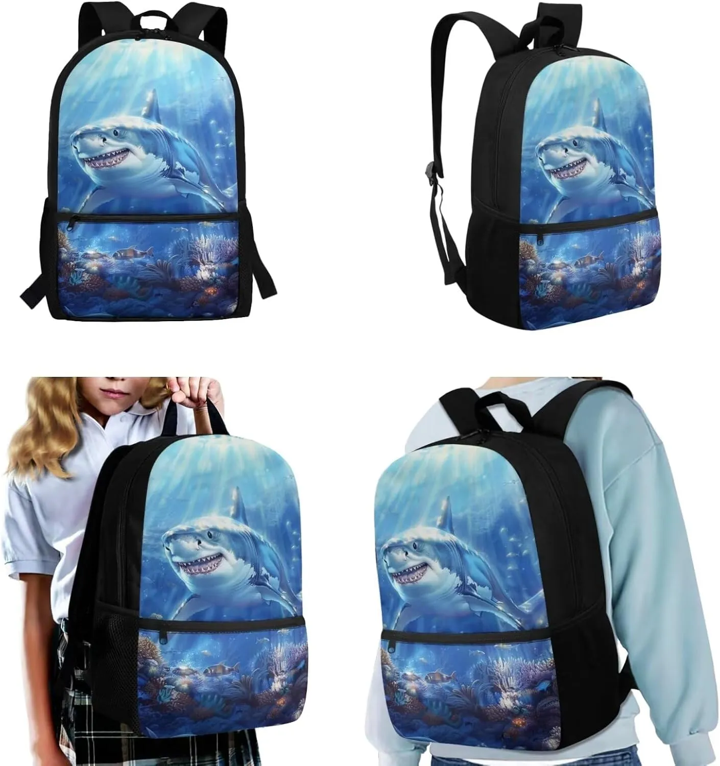 Kids Backpack with Lunch Box Shark Middle School Bookbags for 5th Grade Girls 10-12/8-10/12-14 Sea Ocean Book Bag for Teen Boys Lunch Bag Pencil Case Student Back Pack Lunchbox Set Schoolbag