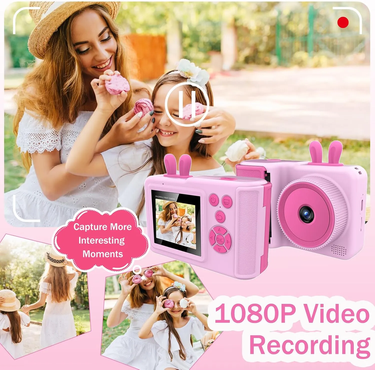 Kids Camera Instant Print Camera for Kids,1080P Children Instant Cameras Toddler Camera Toy, for Girl Age 3-12, Travel Kids Digital Camera Toys for 3 4 5 6 7 8 9 10 Year Old Boys (Pink)