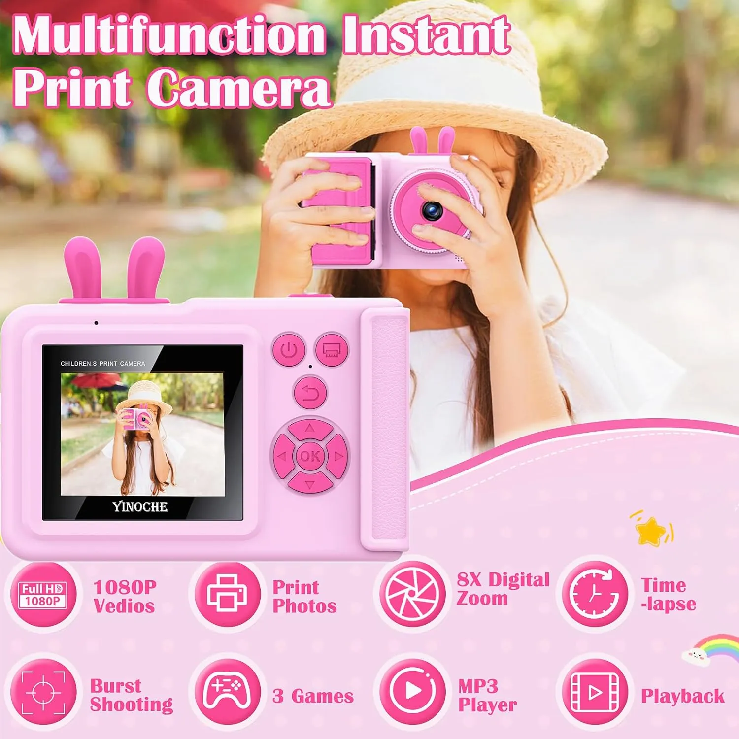 Kids Camera Instant Print Camera for Kids,1080P Children Instant Cameras Toddler Camera Toy, for Girl Age 3-12, Travel Kids Digital Camera Toys for 3 4 5 6 7 8 9 10 Year Old Boys (Pink)