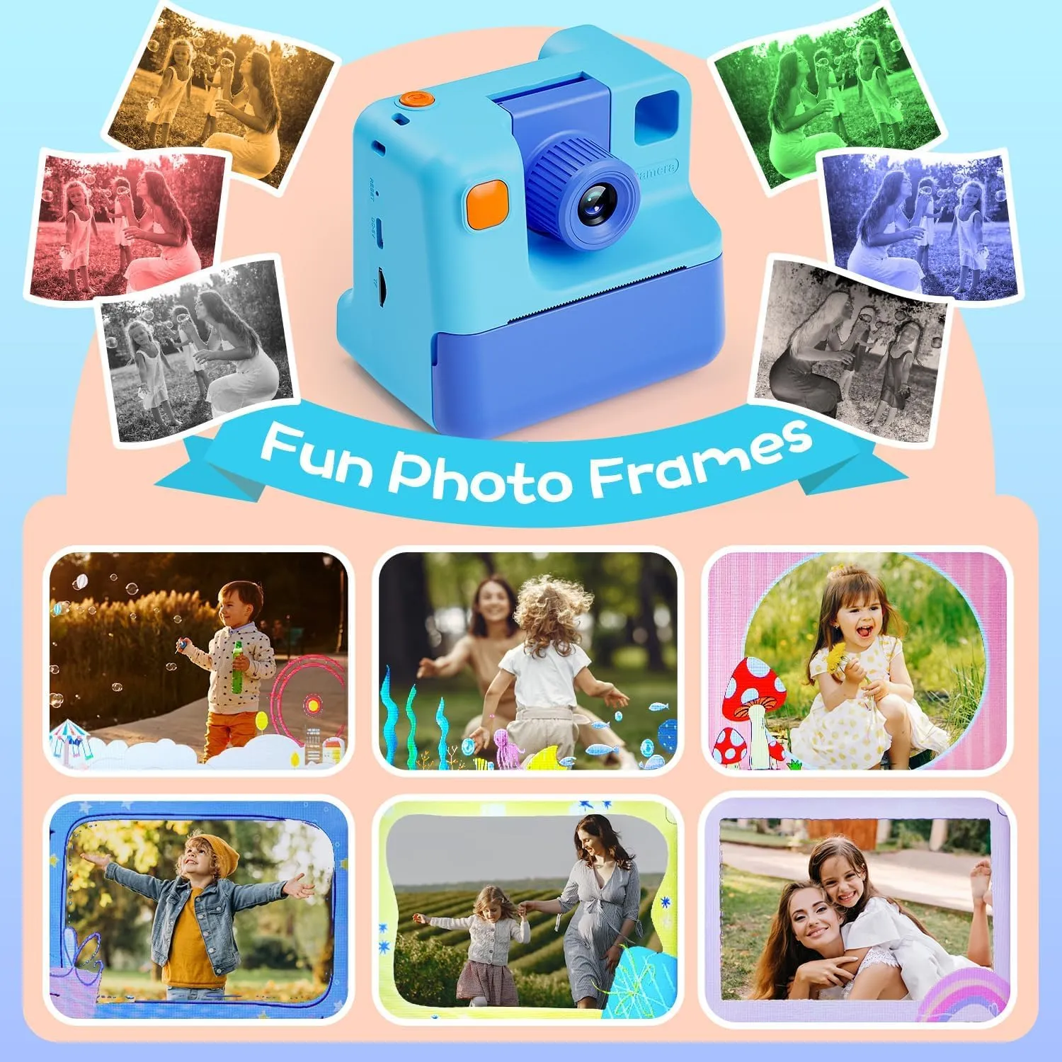 Kids Camera Instant Print, Christmas Birthday Gifts for Girl Boys 3-12 Years Old, FHD Selfie Digital Video Cameras Toddler 3 Rolls Print Paper & 32G Card (Blue)