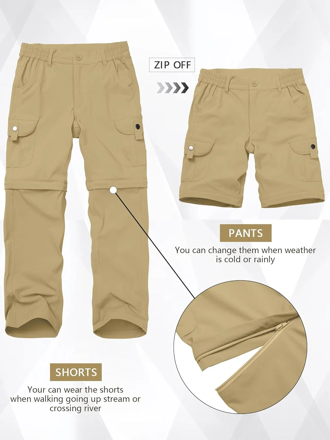 Kids' Cargo Pants, Boys Convertible Hiking Pants, Boy Zip Off Outdoor Casual Pants Quick Dry Climbing Trousers for Youth