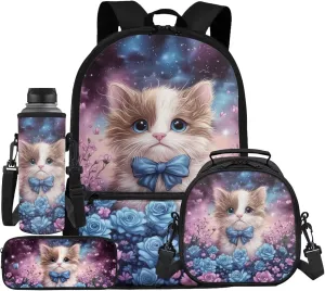 Kids Cat Backpack for Girls with Lunch Box Set Cute School Backpack and Lunchbox and Pencil Case Water Bottle Holder, 4-in-1, 2nd Grade Bookbag Lunch Bag Primary School Bag, Rose