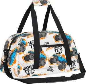 Kids Overnighter Duffel Bags for Boys Girls, Monster Car Trucks White Carry-On Size Sports Gym Bag with Front Zipper Pocket for School Practice or Overnight Travel Weekender Sleepover Tote Bag