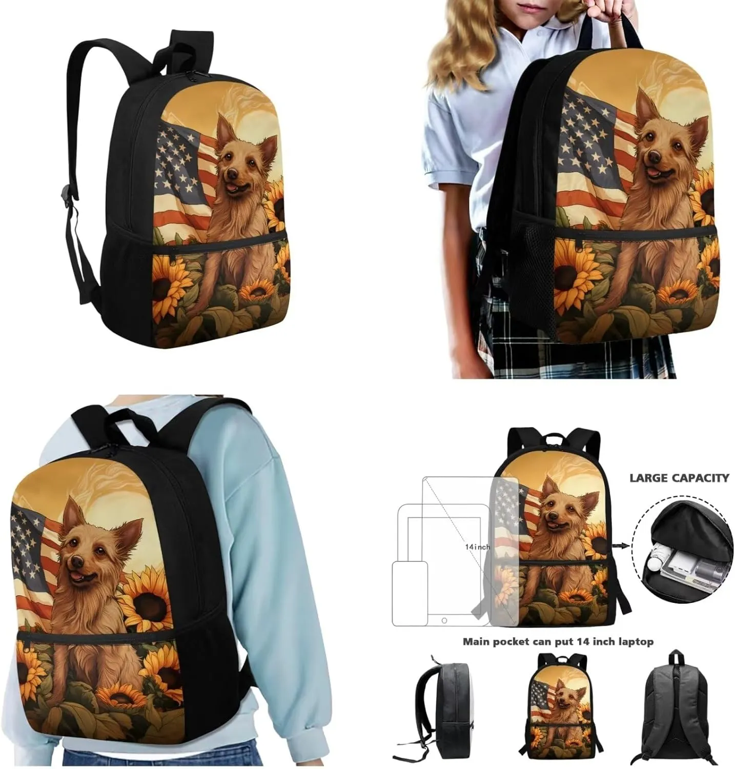 Kids School Toddler Backpack,American Flag 3 Pcs Set Boys Bookbag Water Resistant School Bag for Girls 4-6 with Lunch Kit and Pencil Pouch Cute
