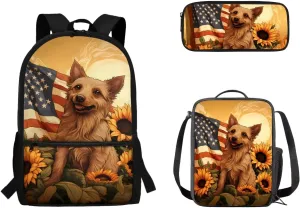 Kids School Toddler Backpack,American Flag 3 Pcs Set Boys Bookbag Water Resistant School Bag for Girls 4-6 with Lunch Kit and Pencil Pouch Cute