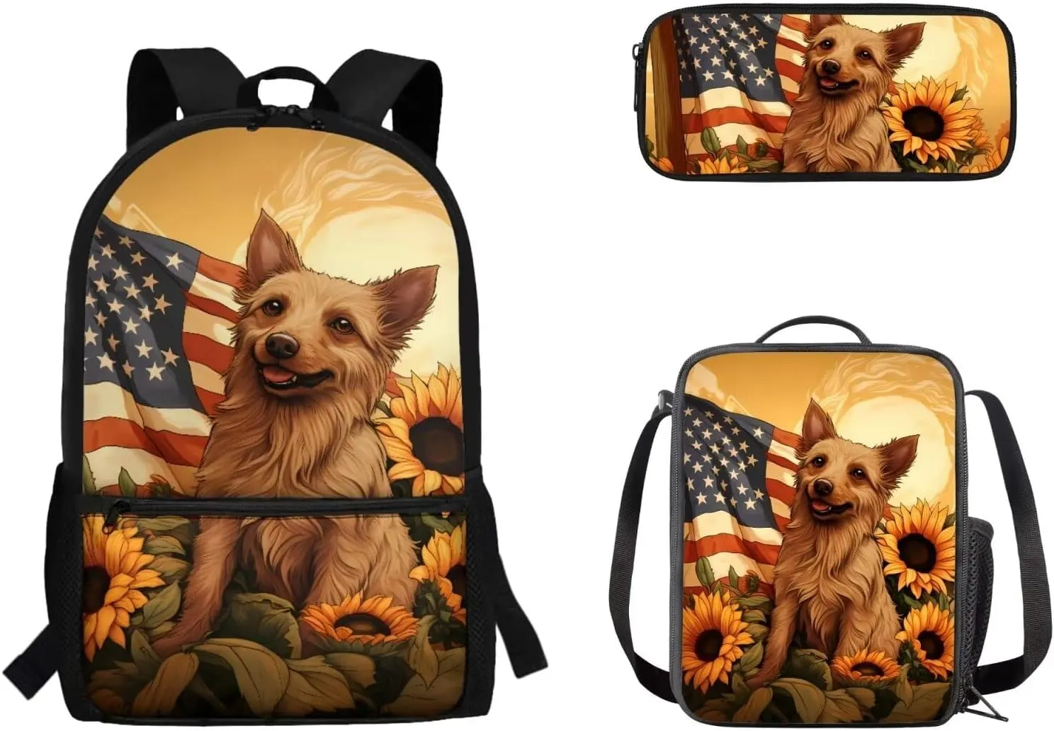 Kids School Toddler Backpack,American Flag 3 Pcs Set Boys Bookbag Water Resistant School Bag for Girls 4-6 with Lunch Kit and Pencil Pouch Cute