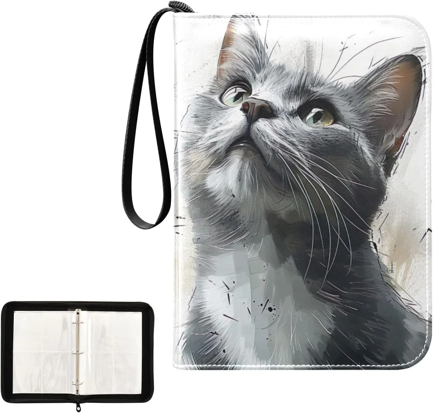 Kigai Cat Painting Trading Card Binder, 4 Pockets Card Album with 400 Cards, Waterproof PU Zip Portable Card Holder for Sports Cards, Game Cards