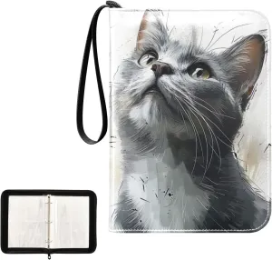 Kigai Cat Painting Trading Card Binder, 4 Pockets Card Album with 400 Cards, Waterproof PU Zip Portable Card Holder for Sports Cards, Game Cards