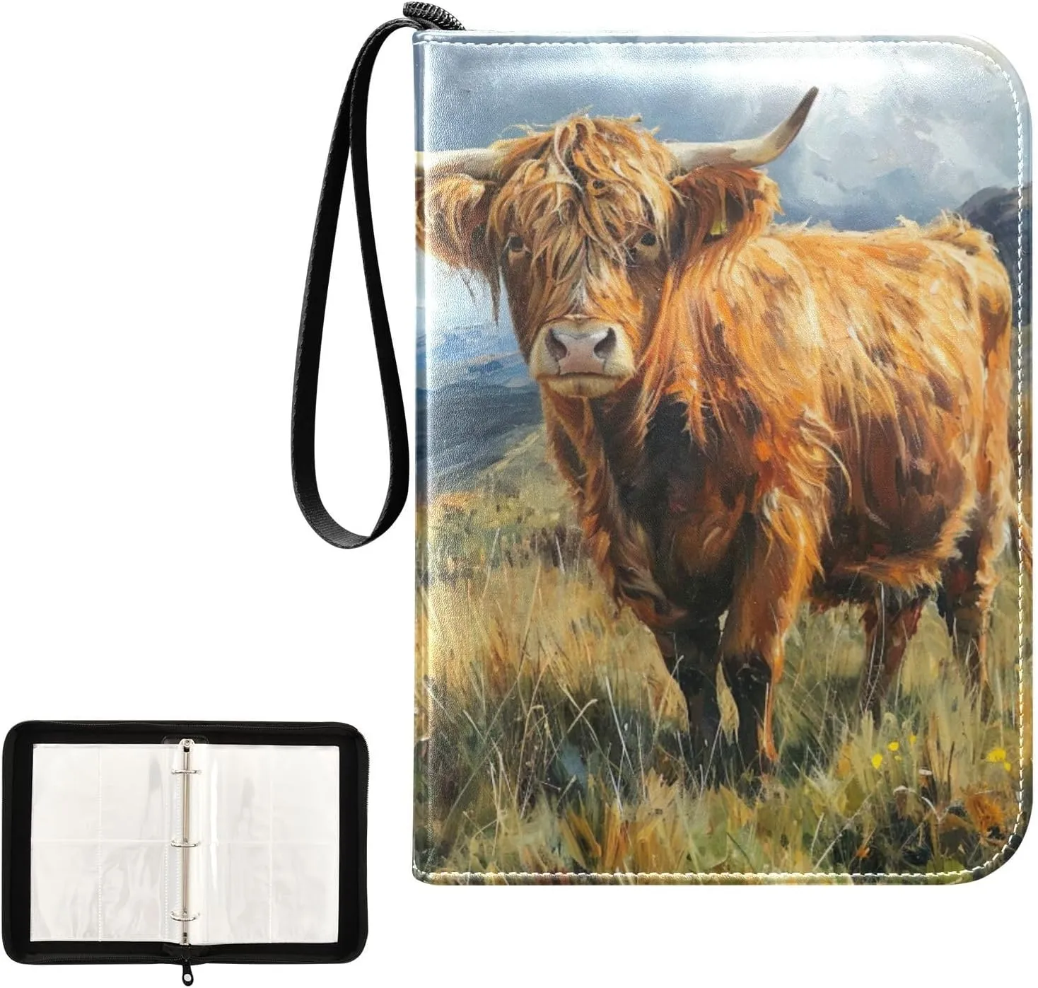 Kigai Highland Cow Painting Trading Card Binder, 4 Pockets Card Album with 400 Cards, Waterproof PU Zip Portable Card Holder for Sports Cards, Game Cards