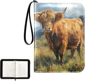 Kigai Highland Cow Painting Trading Card Binder, 4 Pockets Card Album with 400 Cards, Waterproof PU Zip Portable Card Holder for Sports Cards, Game Cards